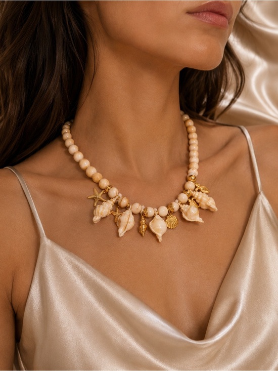 Anthropologie Jewelry - Coastel Cream Gold Shell Charm Beaded Necklace